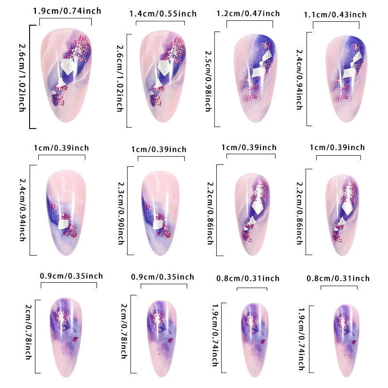 24Pcs Almond French Fake Nails with Purple Gradient Blending Press on False Nails Full Cover Artificial Wearable Manicure Tools